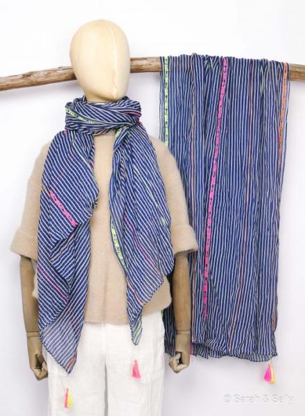 Sarah & Sally Baumwollschal Streifen dunkelblau